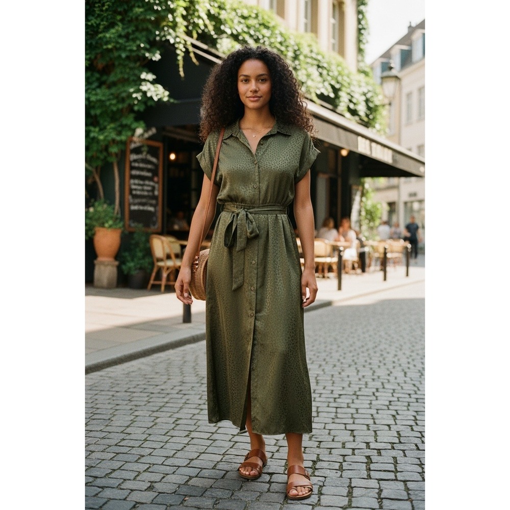 Millenium Womens‎ Olive Green Leopard Jacquard Midi Shirt Dress Belted Medium